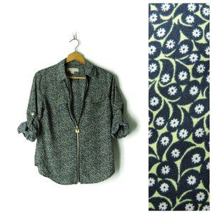 Michael Kors zip front lightweight long roll-up sleeves shirt blouse top